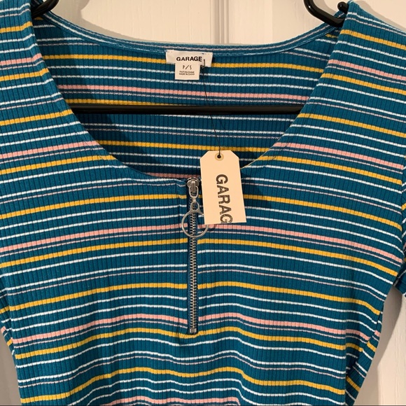Garage blue yellow white striped long sleeve top size S stretchy zipper front - Picture 2 of 5